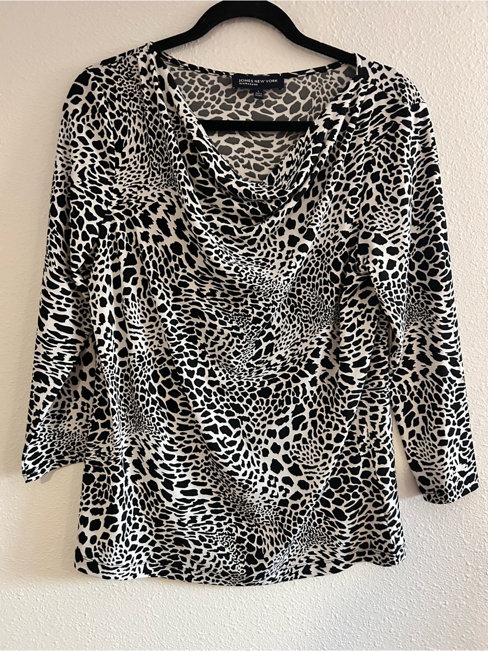 Jones New York Black and White Animal Print Draped Cowl Neck Long Sleeve Top